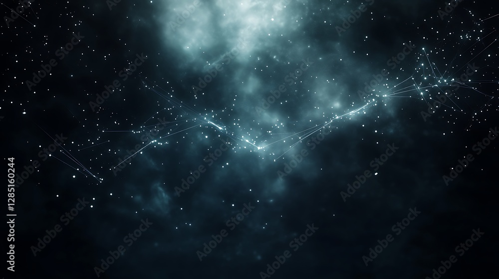 Poster mysterious cosmic scene with swirling clouds and distant stars in a dark sky.