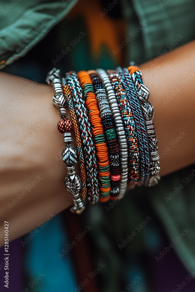 Poster elegant array of colorful woven bracelets rich in texture and style for fashion-forward individuals 