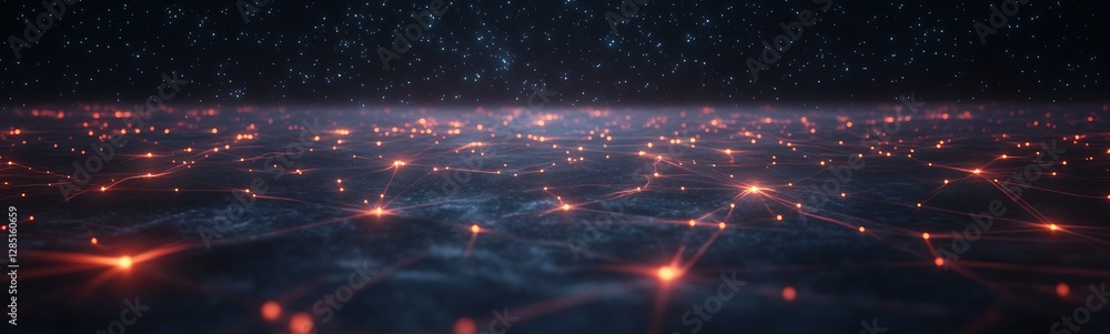 Poster abstract digital landscape with glowing particles and a cosmic background.