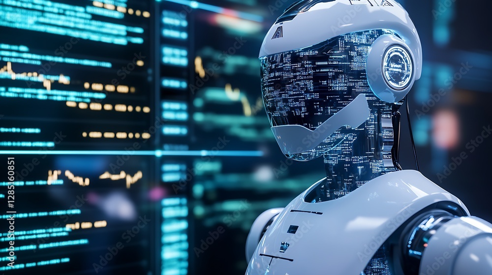Poster Advanced Robot with Detailed Robotic Design Set Against High-Tech Background : Generative AI