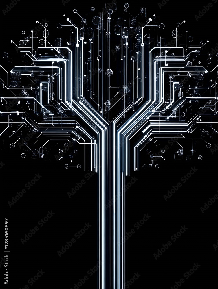 Poster Stylized representation of a tree with intricate circuit lines forming a modern design : Generative AI