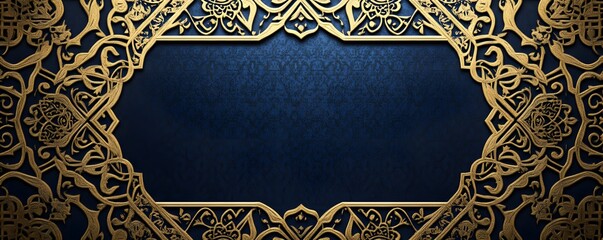 Intricate gold ornate pattern frames a deep blue background