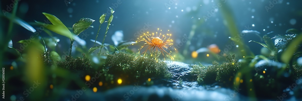 Poster Beautiful close up view of vibrant orange flowers with glowing particles in mystical forest setting : Generative AI