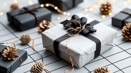 Fototapeta premium Elegant Black White Gifts Festive Holiday Presents Bokeh Lights