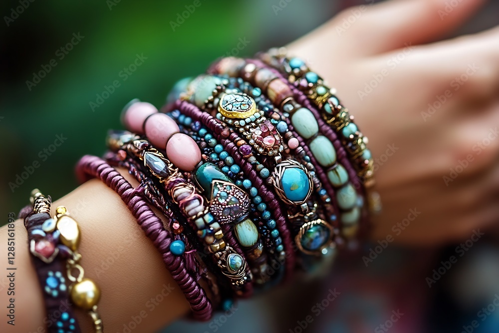 Poster vibrant collection of bohemian bracelets showcasing intricate details and colorful beading on a wris