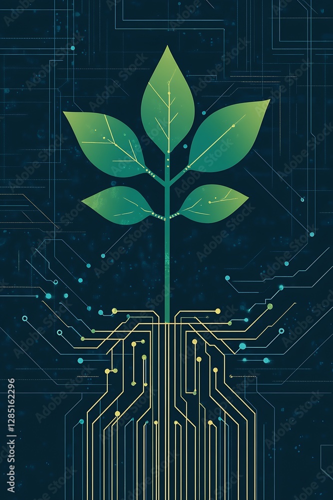 Poster Stylized plant emerging from a circuit board showcasing the relationship between nature and advanced technology : Generative AI