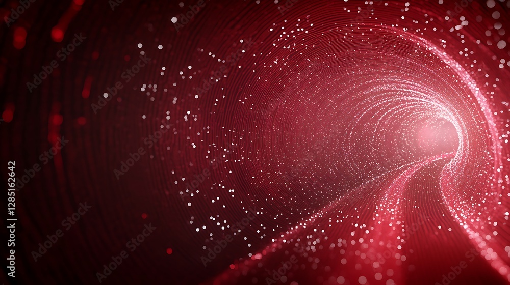 Poster Vibrant red tunnel with sparkling particles creating a sense of depth and movement.
