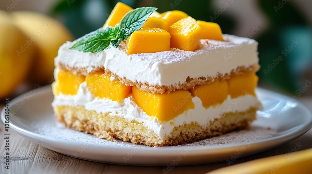 Poster tempting layered mango cake with whipped cream and fresh fruit showcasing deliciousness : generative