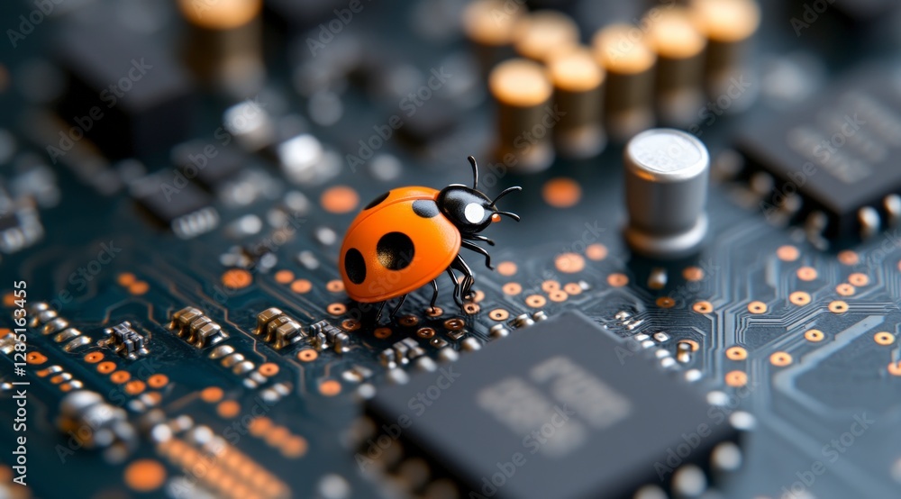 Poster cute ladybug on circuit board technology bug macro 3d render closeup
