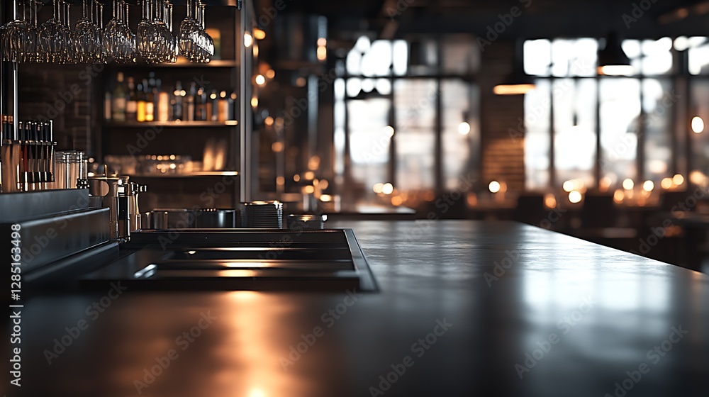 Poster sleek dining experience captured in a stylish bar countertop with warm light and extensive glassware