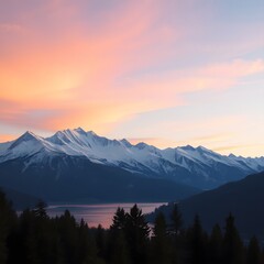 Obraz premium A serene sunrise illuminating snow-covered mountain peaks and a calm lake, reflecting the soft pink and orange hues of the sky, surrounded by lush evergreen forests.