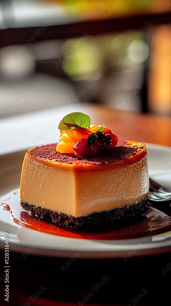 Poster elegant cheesecake adorned with vibrant fruit topping served on a stylish black plate in soft lighti