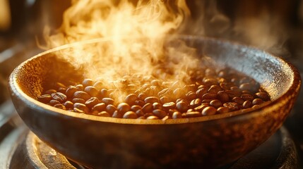 Steaming coffee beans in a wooden bowl over heat