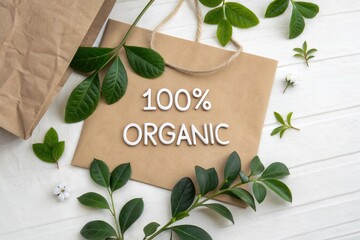 Brown paper shopping bag with "100% Organic" message surrounded by fresh green leaves on a white wooden background, promoting eco-friendly and healthy lifestyle.