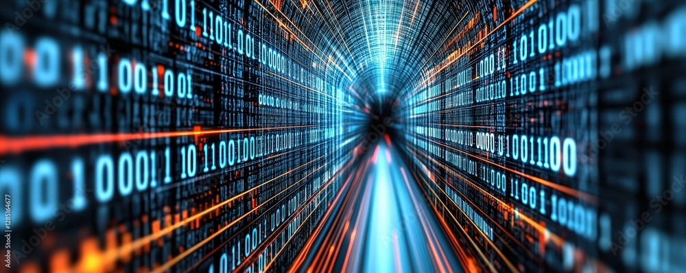 Poster a digital tunnel of flowing binary code, creating a futuristic and immersive atmosphere.