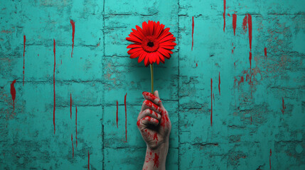 Cruelty grunge, A monstrous hand grips a delicate flower in this high-fidelity image, showcasing contrast and surreal beauty.