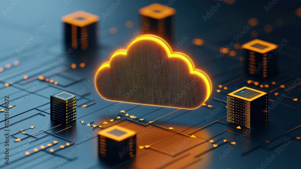 Poster a digital cloud surrounded by glowing processors, symbolizing cloud computing and data storage techn