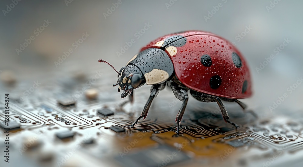 Poster ladybug on circuit board macro shot of insect on technology