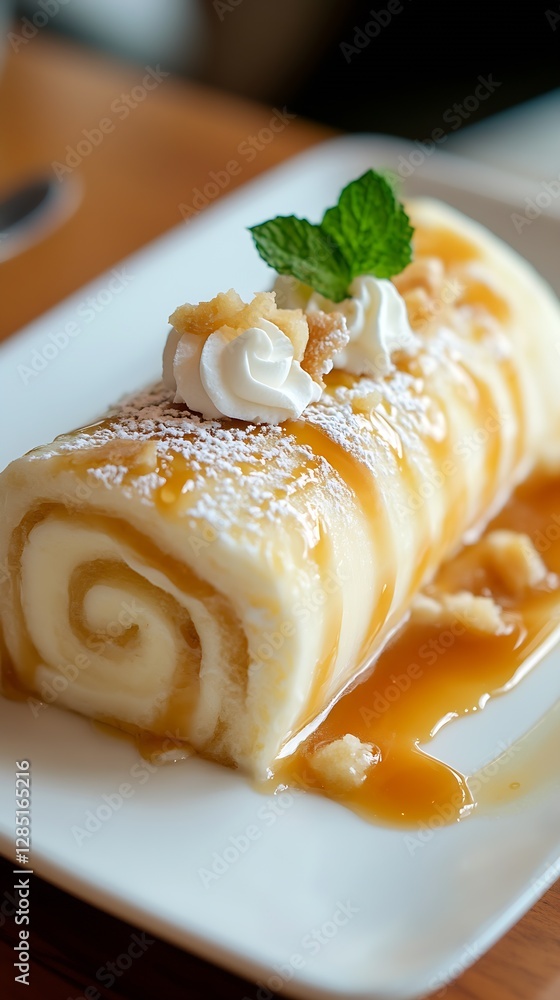 Poster Tempting dessert roll featuring cream and fruits artistically arranged on a plate with caramel drizzle for a flavorful treat : Generative AI