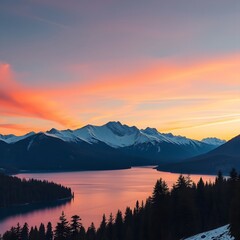 A serene sunrise illuminating snow-covered mountain peaks and a calm lake, reflecting the soft pink and orange hues of the sky, surrounded by lush evergreen forests.
