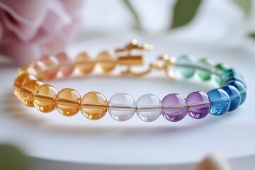 Elegant glass bead bracelet with various colors beautifully displayed on a textured surface : Generative AI