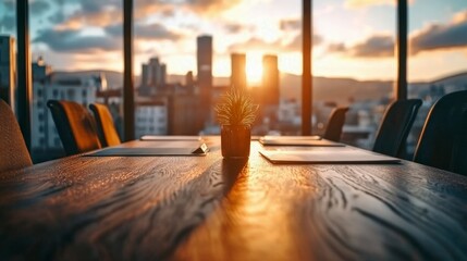 Modern Boardroom Sunset  Business Meeting  Conference Table  City View