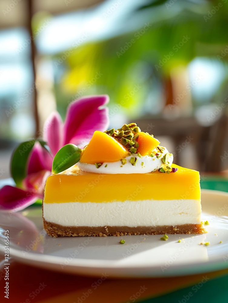 Poster Delicious Mango Cheesecake Slice with Fresh Toppings and Vibrant Colors on a Plate : Generative AI