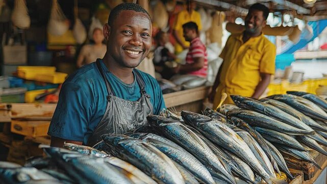 Smiling Fishmonger: A cheerful fishmonger stands proudly behind a display of fresh fish at a bustling market, his smile radiating warmth and the promise of a delicious meal.