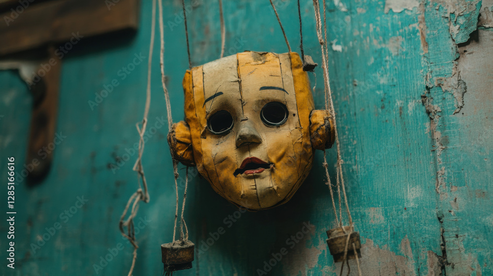 Poster cruelty grunge, a puppet entangled in its own strings, captured in high fidelity with enhanced resol