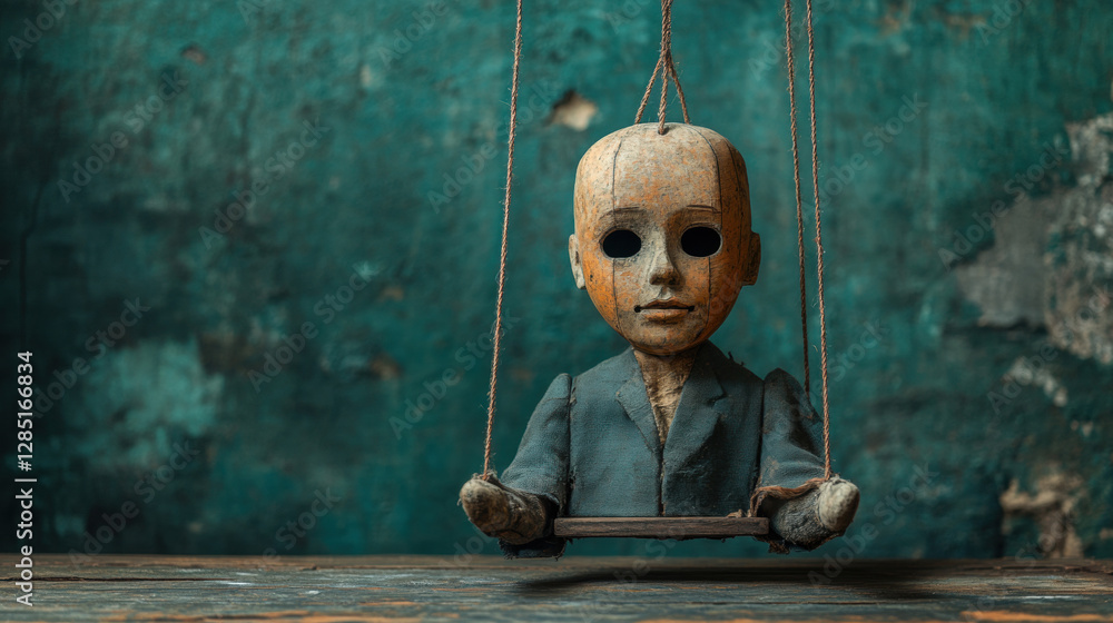 Poster cruelty grunge, a puppet entangled in its strings, captured in high fidelity with gigapixel enhancem