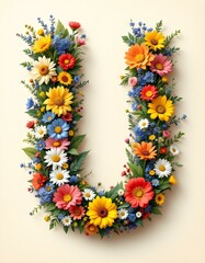 letter, U, floral, flowers, vibrant, colorful, artistic, elegant, design, organic, natural, red, yellow, pink, blue, white, blooms, green, leaves, accents, beige, background, soft, texture, warm, 