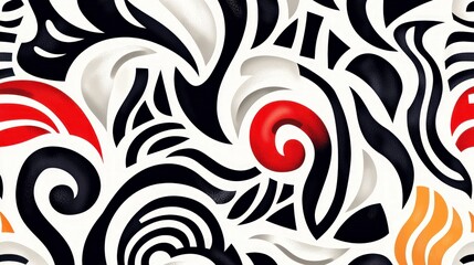 Abstract Seamless Pattern  Red  Black  White Swirls   Curves