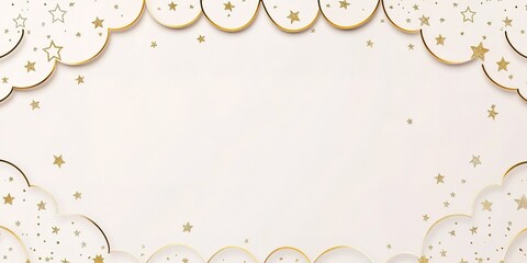 A radiant white background illuminating a simple, elegant, and modern Islamic pattern with golden stars on the edges of an empty banner for text or graphics. The design is minimalistic