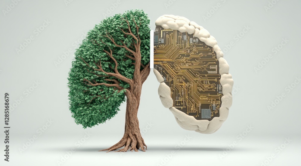 Poster nature vs ai tree and circuit board brain concept