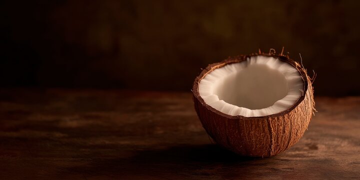 Fresh cracked coconut on rustic wooden table evokes tropical vibes and healthy eating.
