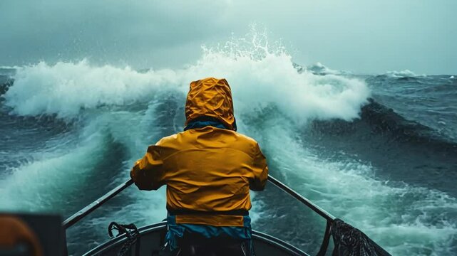 Facing the Storm: A lone rower battles turbulent seas in a small boat, engulfed by a towering wave. This image encapsulates the human spirit's resilience against nature's raw power.