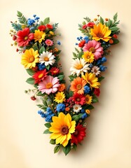 letter, V ,floral, flowers, vibrant, colorful, artistic, elegant, design, organic, natural, red, yellow, pink, blue, white, blooms, green, leaves, accents, beige, background, soft, texture, warm, 