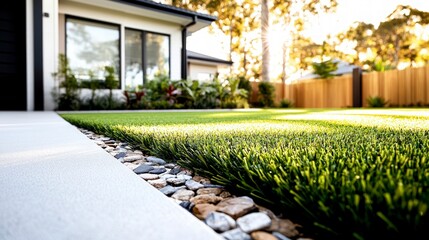 Obraz premium Modern Home Landscaping Artificial Turf Stone Edging Backyard Design
