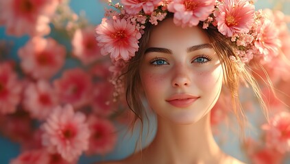 Person Wearing a Pink Floral Crown Against a Vibrant Flower Backdrop