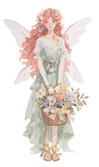 Beautiful spring fairy with wings holding a basket full of flowers, watercolor illustration, Generative AI