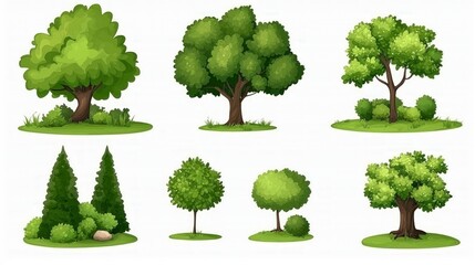 Lush Green Trees  Bushes   Shrubs  Nature Illustration Set