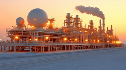 Oil and Gas Refinery at Dusk  Industrial Plant  Winter Landscape