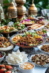 Fototapeta premium A table is beautifully set with various traditional dishes, including salad and vegetable platters. A glamorous shot of the food showcases delicious Ramadan delicacies like crudity and a sneak peek.