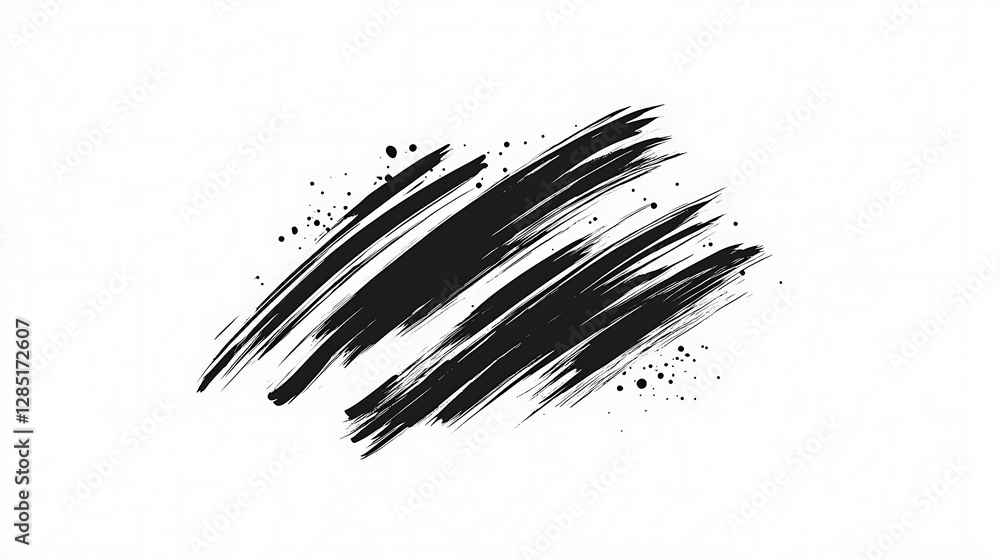 Poster black paint strokes with texture and splatters on a white background.