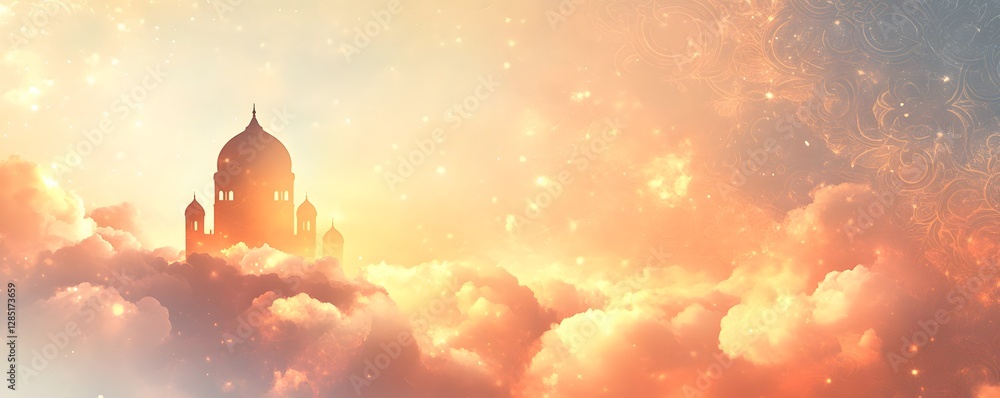 Poster silhouette of a majestic building appears to float in the clouds