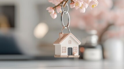 Charming House Keyring  Spring Blossoms  New Home  Real Estate