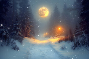 Fototapeta premium Snowy Path In Winter Forest Under Full Moon