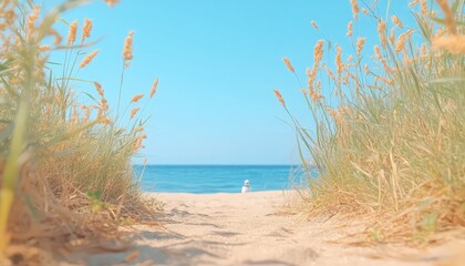 Tranquil Beach Path: Golden Grass Leading to Blue Ocean