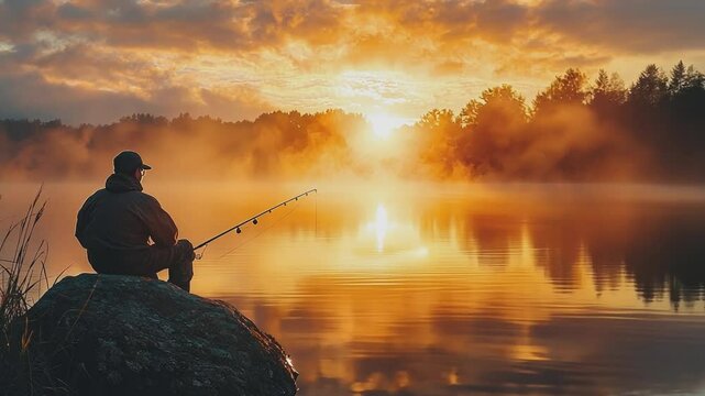 Solitude's Golden Hour: A lone angler casts a line into a serene lake as the sun rises, painting the sky with vibrant hues and reflecting on the tranquil waters.