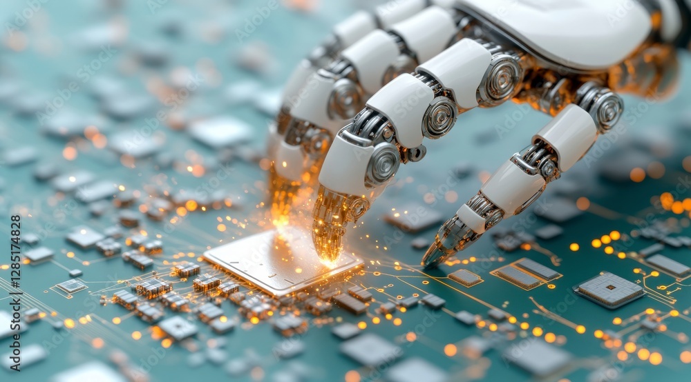 Poster robotic arm assembling microchip high tech industry automation sparks circuit board e